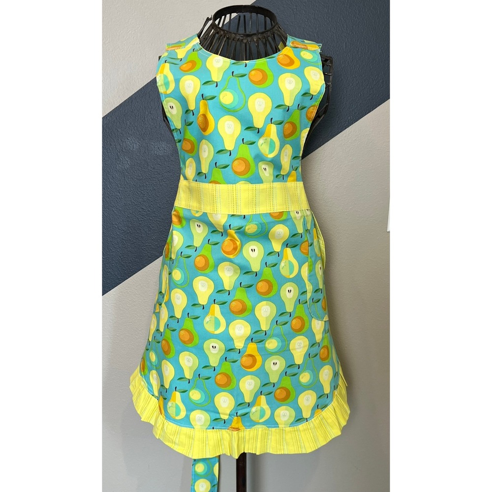 Handmade Reversible Pear/Avocadoโ Print Apron Yellow Ruffle Hem 2 Pockets